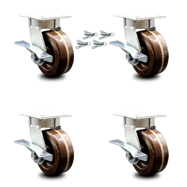 5 Inch Kingpinless High Temp Phenolic Caster Set with Brakes and Swivel Locks